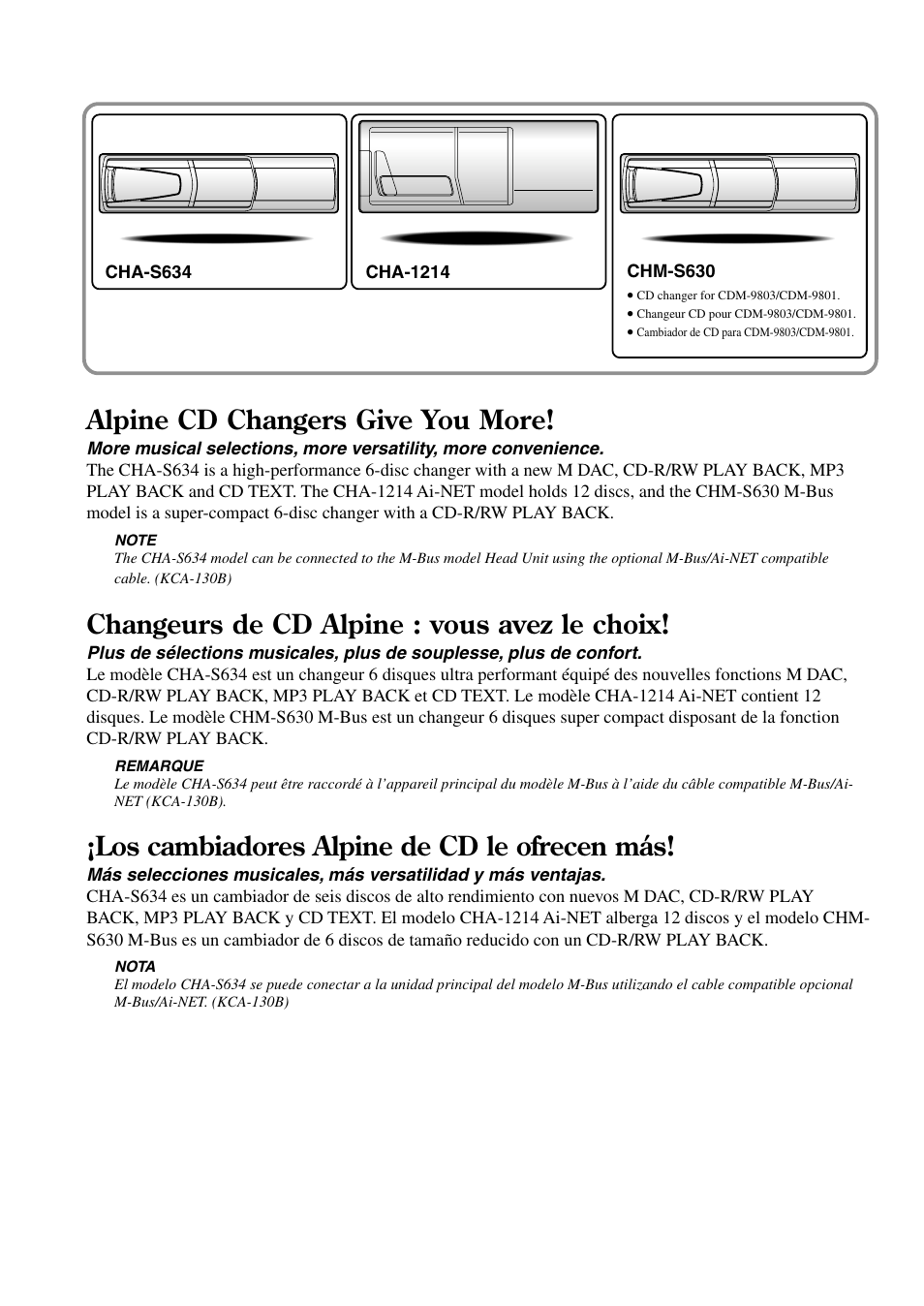 Alpine cd changers give you more, Changeurs de cd alpine : vous avez le choix, Los cambiadores alpine de cd le ofrecen más | Alpine cdm-9803 User Manual | Page 2 / 23