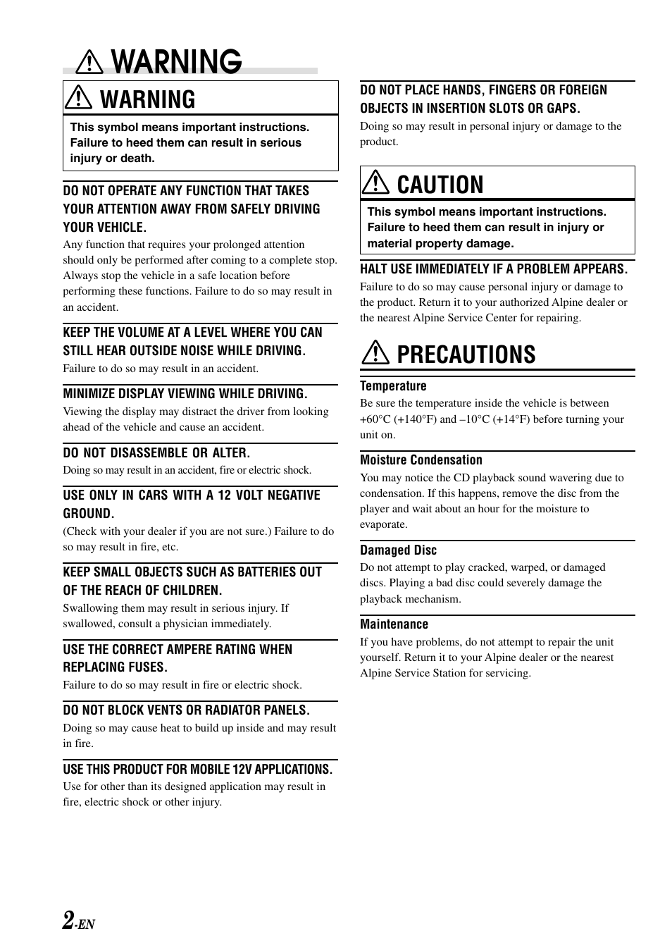 Warning, Caution, Precautions | Alpine cdm-9803 User Manual | Page 4 / 23