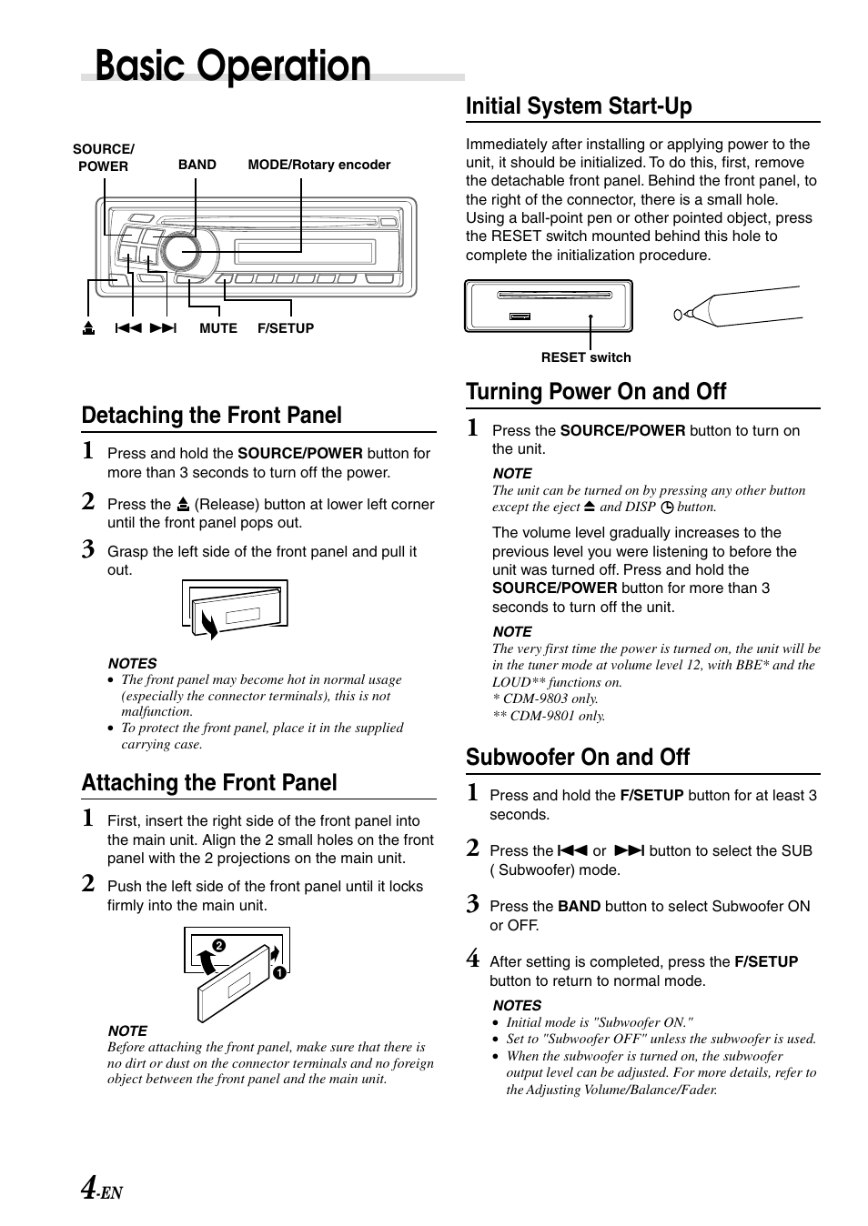 Detaching faceplate, Reset, Sub on / off | Basic operation, Detaching the front panel, Attaching the front panel, Initial system start-up, Turning power on and off, Subwoofer on and off | Alpine cdm-9803 User Manual | Page 6 / 23