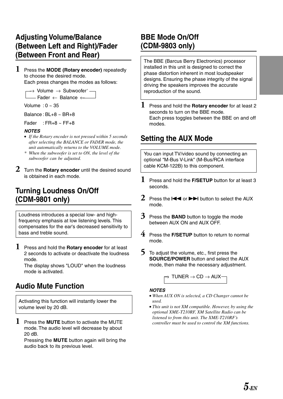Balance / fader, Loudness, Aux mode | Turning loudness on/off (cdm-9801 only), Audio mute function, Bbe mode on/off (cdm-9803 only), Setting the aux mode | Alpine cdm-9803 User Manual | Page 7 / 23