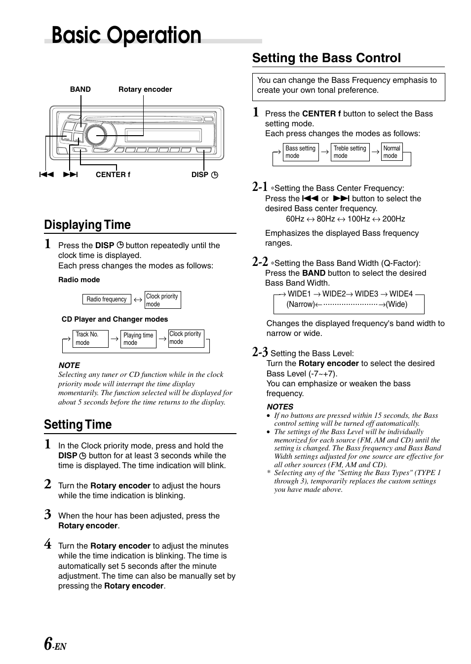 Clock, Bass control, Basic operation | Displaying time, Setting time, Setting the bass control | Alpine cdm-9803 User Manual | Page 8 / 23