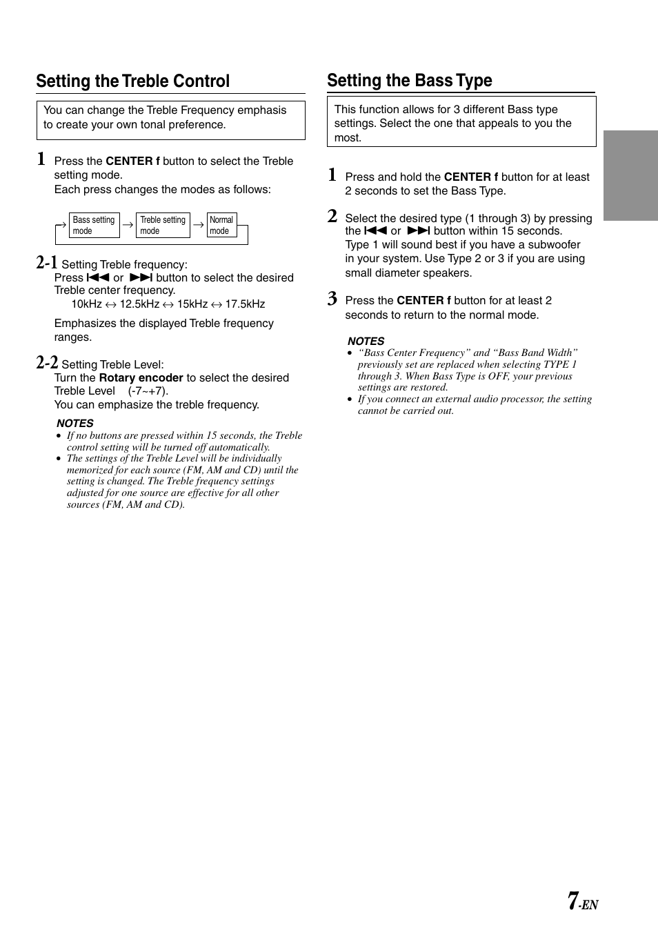 Treble control, Bass type, Setting the treble control | Setting the bass type | Alpine cdm-9803 User Manual | Page 9 / 23
