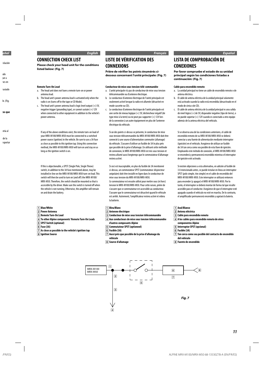 Connection check list, Liste de vérification des connexions, Lista de comprobación de conexiones | Alpine MRX-M100 User Manual | Page 11 / 20