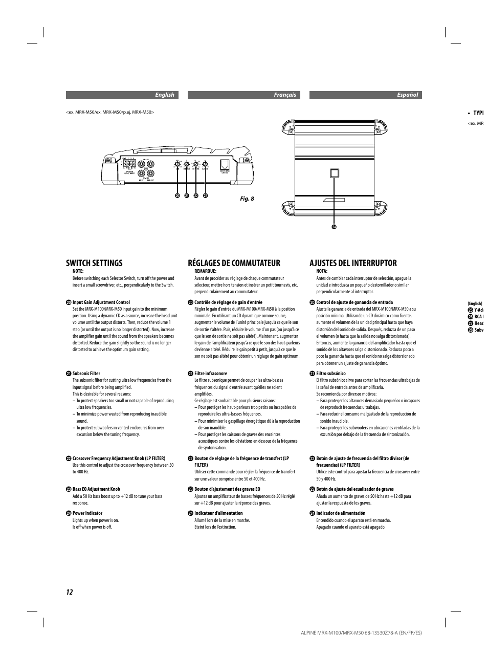 Switch settings, Réglages de commutateur, Ajustes del interruptor | Alpine MRX-M100 User Manual | Page 12 / 20