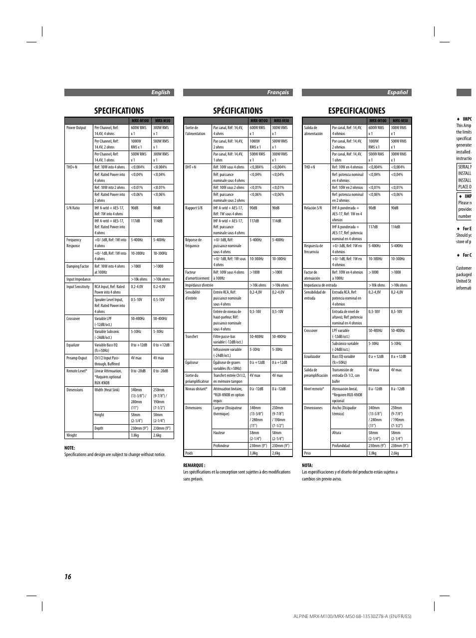 Specifications, Spécifications, Especificaciones | Alpine MRX-M100 User Manual | Page 16 / 20