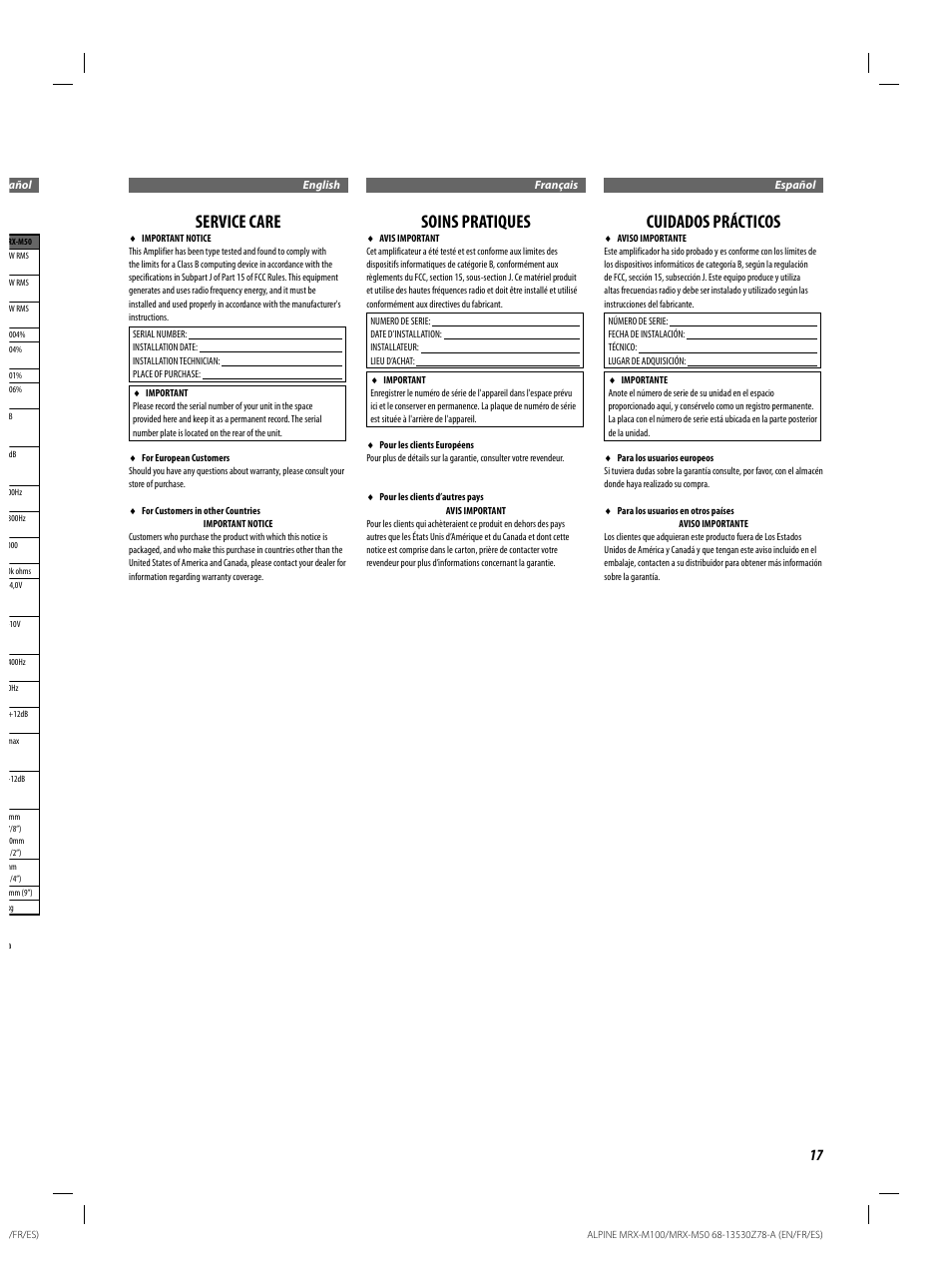 Service care, Soins pratiques, Cuidados prácticos | Alpine MRX-M100 User Manual | Page 17 / 20