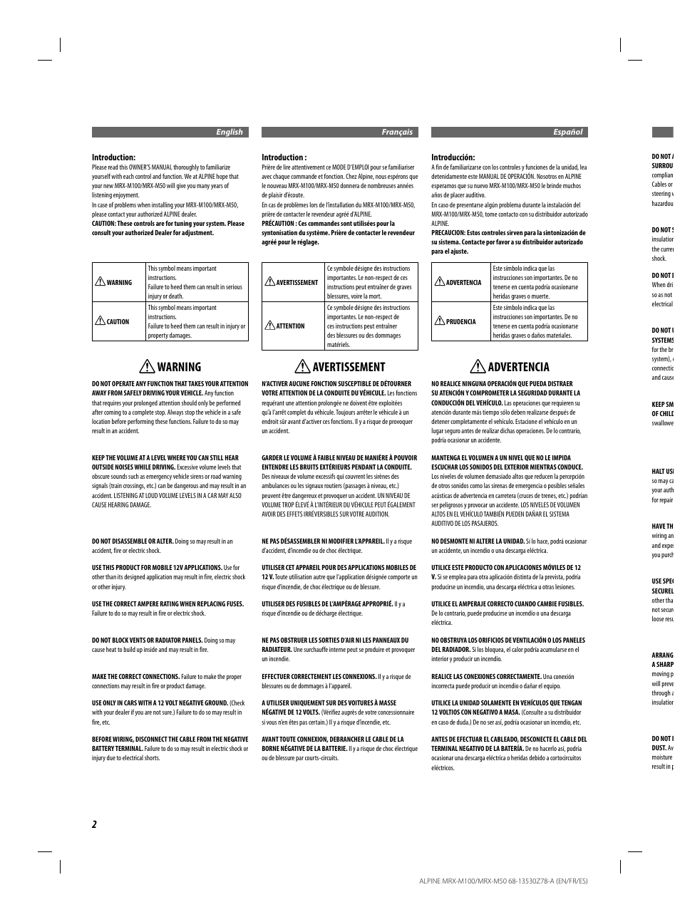 Warning, Avertissement, Advertencia | Alpine MRX-M100 User Manual | Page 2 / 20