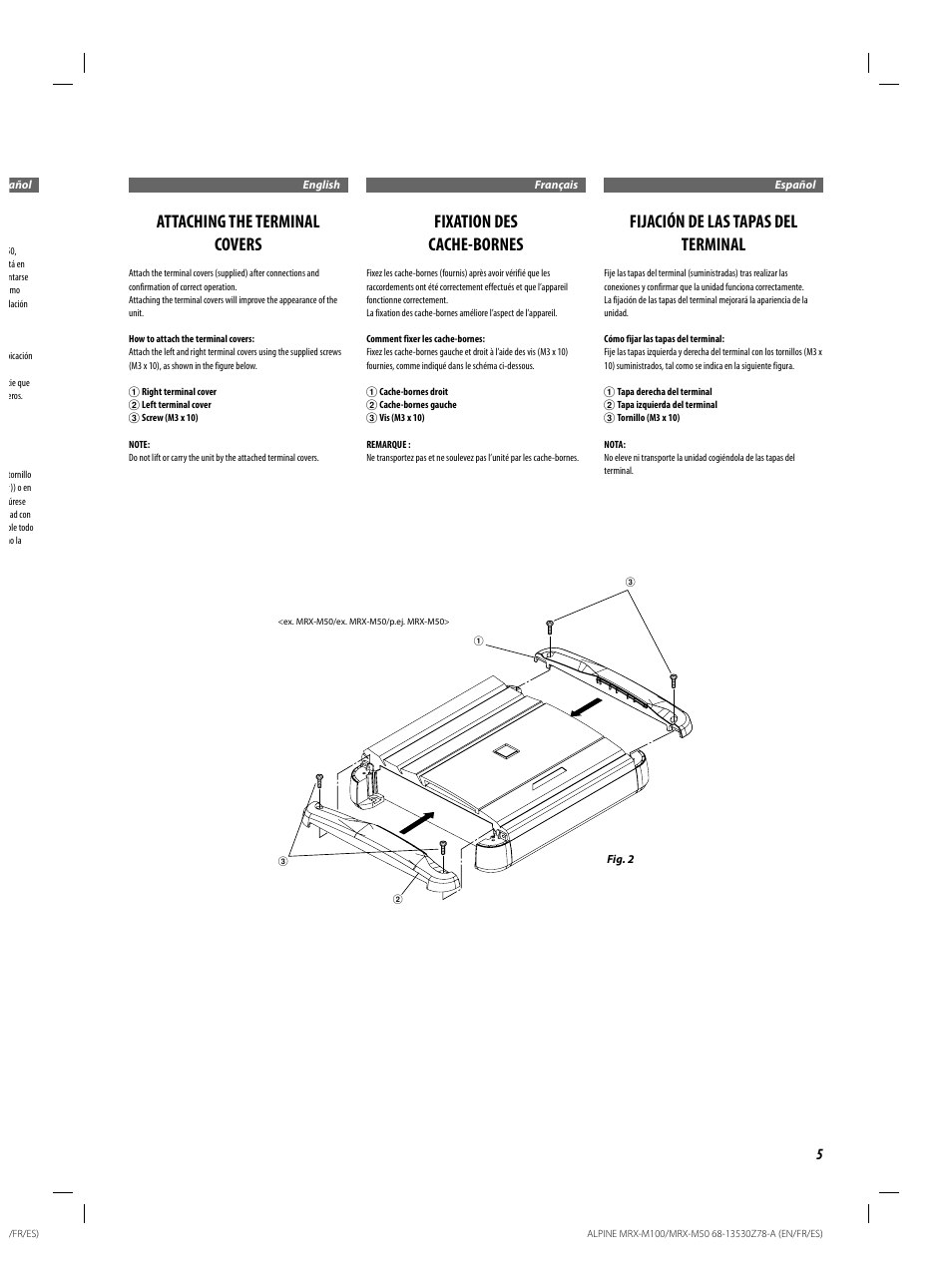 Attaching the terminal covers, Fixation des cache-bornes, Fijación de las tapas del terminal | Alpine MRX-M100 User Manual | Page 5 / 20