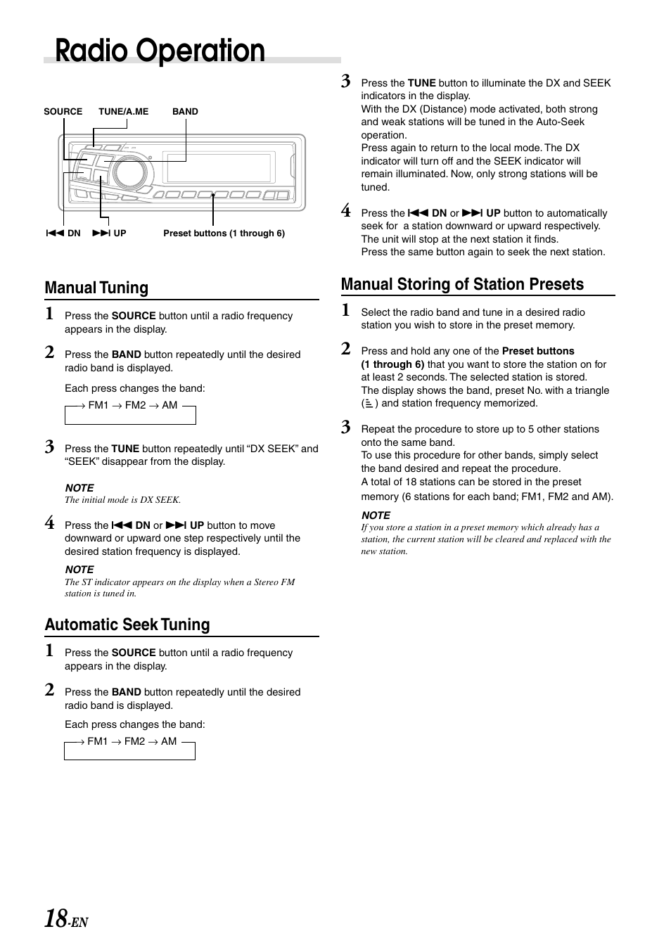 Radio operation, Manual tuning, Automatic seek tuning | Manual storing of station presets | Alpine CDA-7995 User Manual | Page 20 / 43