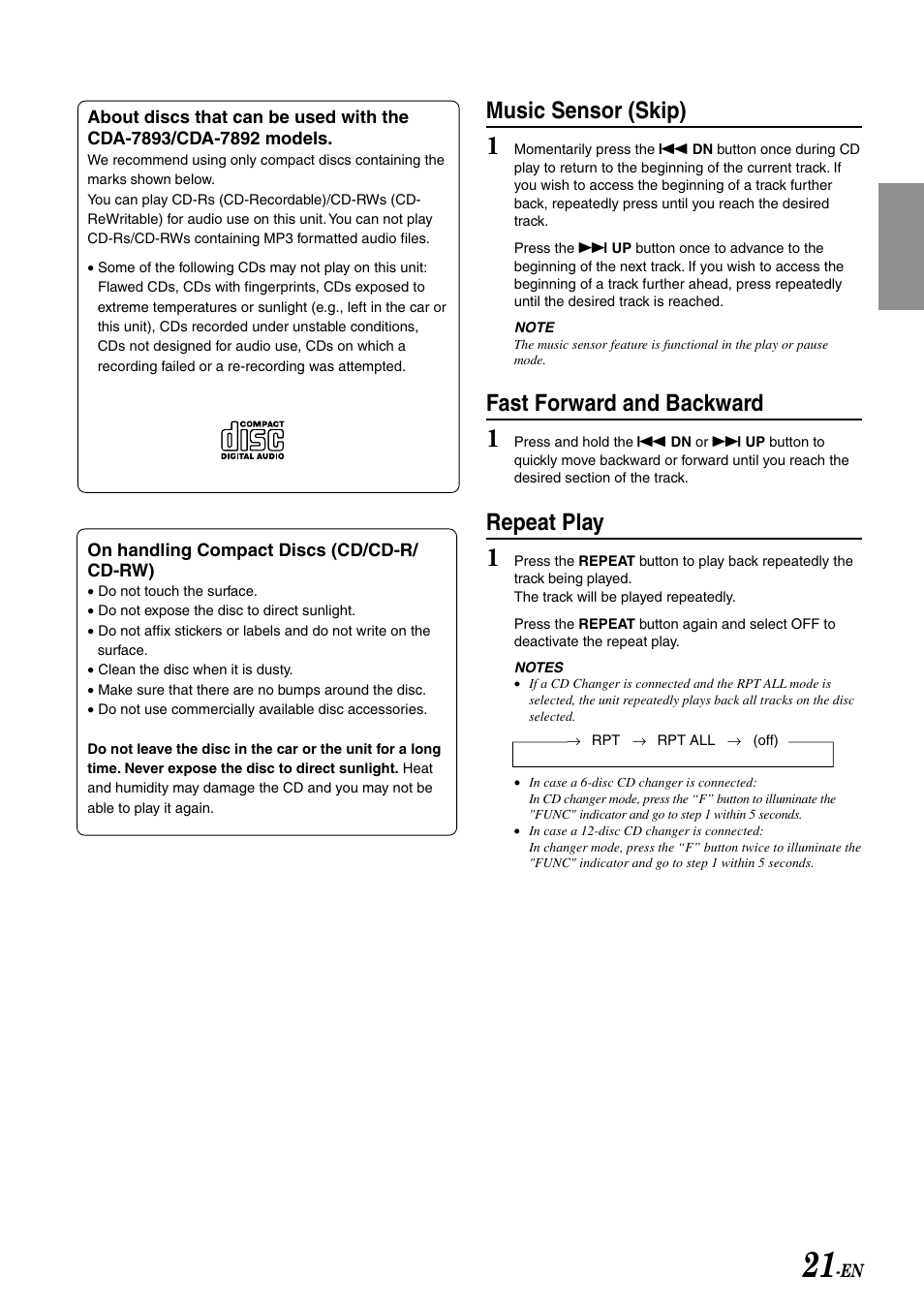 Music sensor (skip), Fast forward and backward, Repeat play | Alpine CDA-7995 User Manual | Page 23 / 43