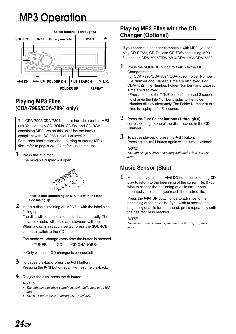 Mp3 operation, Playing mp3 files, Playing mp3 files with the cd changer (optional) | Music sensor (skip) | Alpine CDA-7995 User Manual | Page 26 / 43