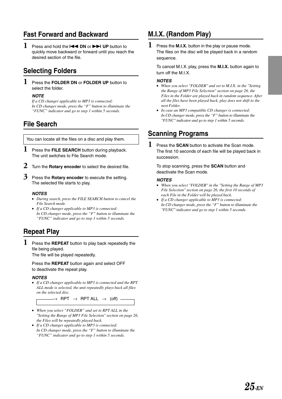 M.i.x. (random play), Scanning programs, Fast forward and backward | Selecting folders, File search, Repeat play | Alpine CDA-7995 User Manual | Page 27 / 43