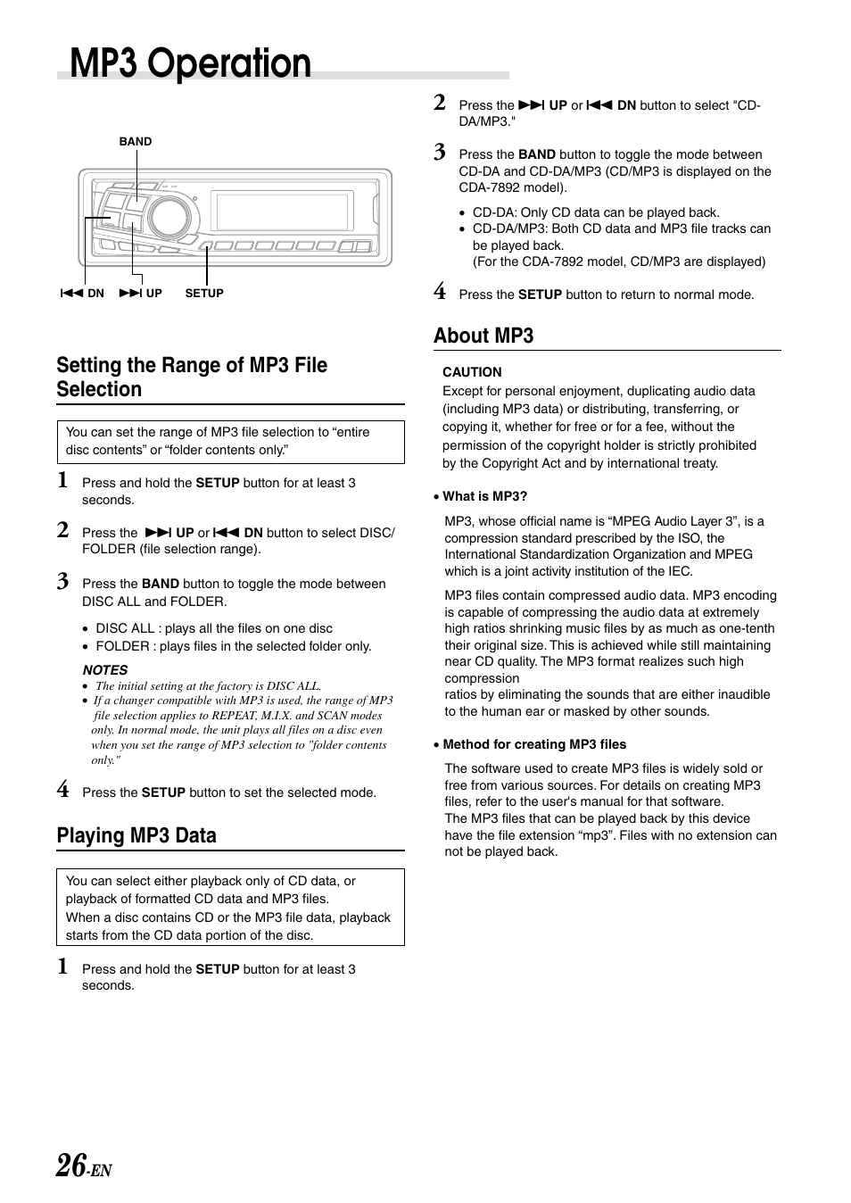 Mp3 operation, Setting the range of mp3 file selection, Playing mp3 data | About mp3 | Alpine CDA-7995 User Manual | Page 28 / 43