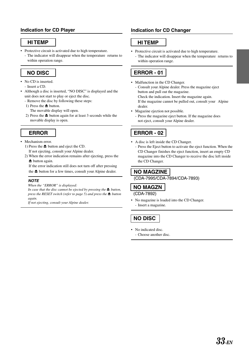 Hi temp error no disc, Hi temp error - 01 no magzine, No magzn | Error - 02 no disc | Alpine CDA-7995 User Manual | Page 35 / 43