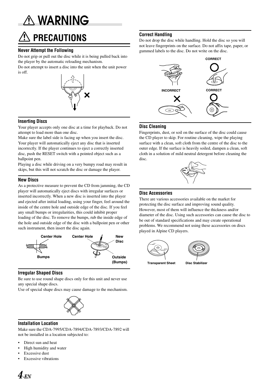 Warning, Precautions | Alpine CDA-7995 User Manual | Page 6 / 43