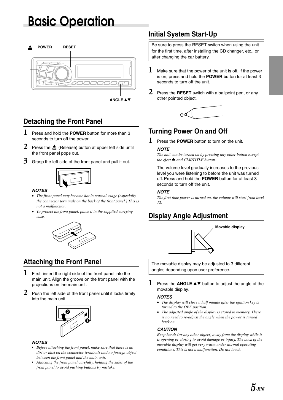 Basic operation, Detaching the front panel, Attaching the front panel | Initial system start-up, Turning power on and off, Display angle adjustment | Alpine CDA-7995 User Manual | Page 7 / 43