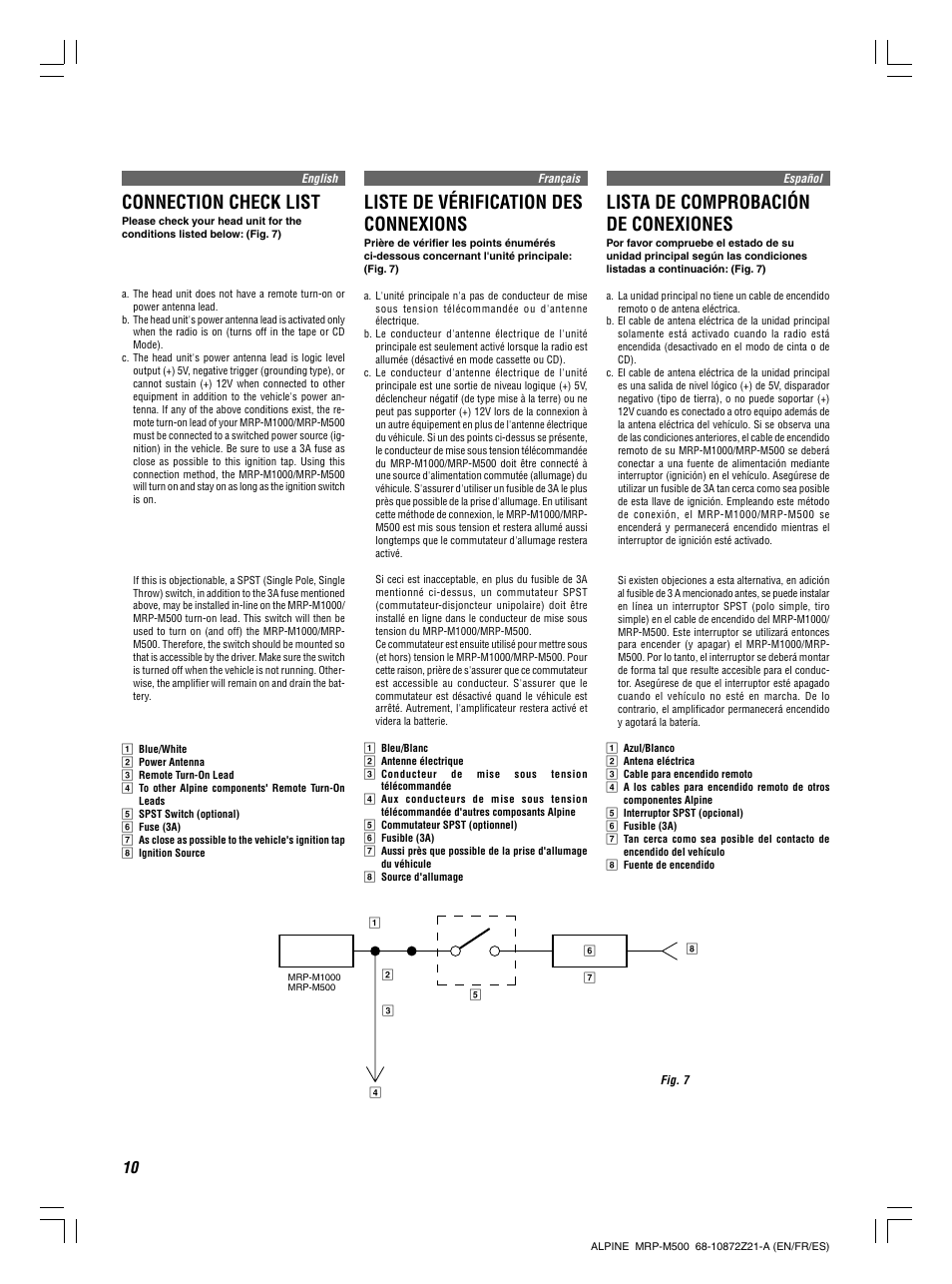 Connection check list, Liste de vérification des connexions, Lista de comprobación de conexiones | Alpine V12 AccuClass-D MRD-M500 User Manual | Page 10 / 16