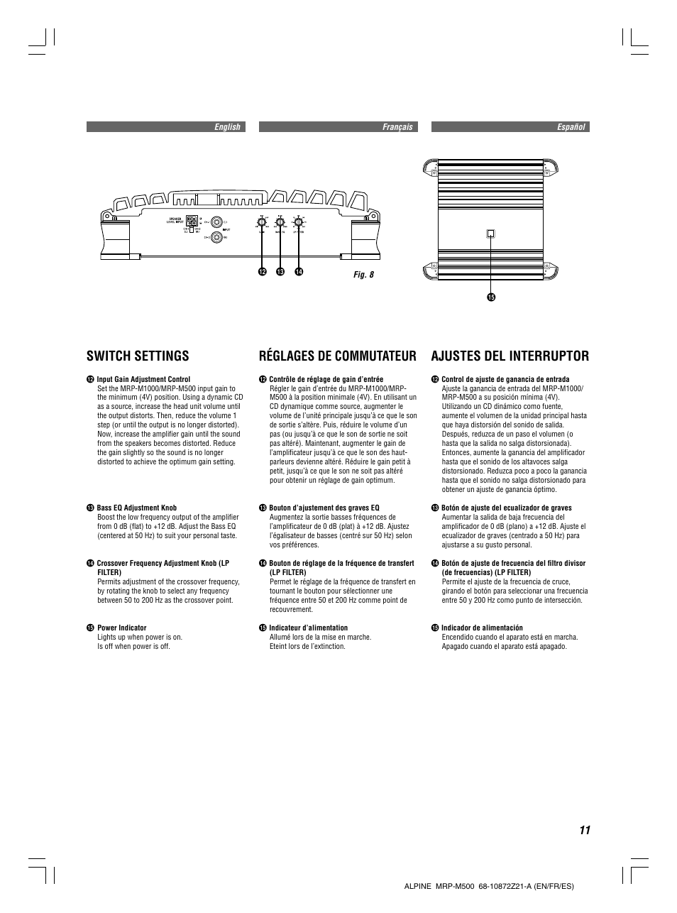 Switch settings, Réglages de commutateur, Ajustes del interruptor | Alpine V12 AccuClass-D MRD-M500 User Manual | Page 11 / 16
