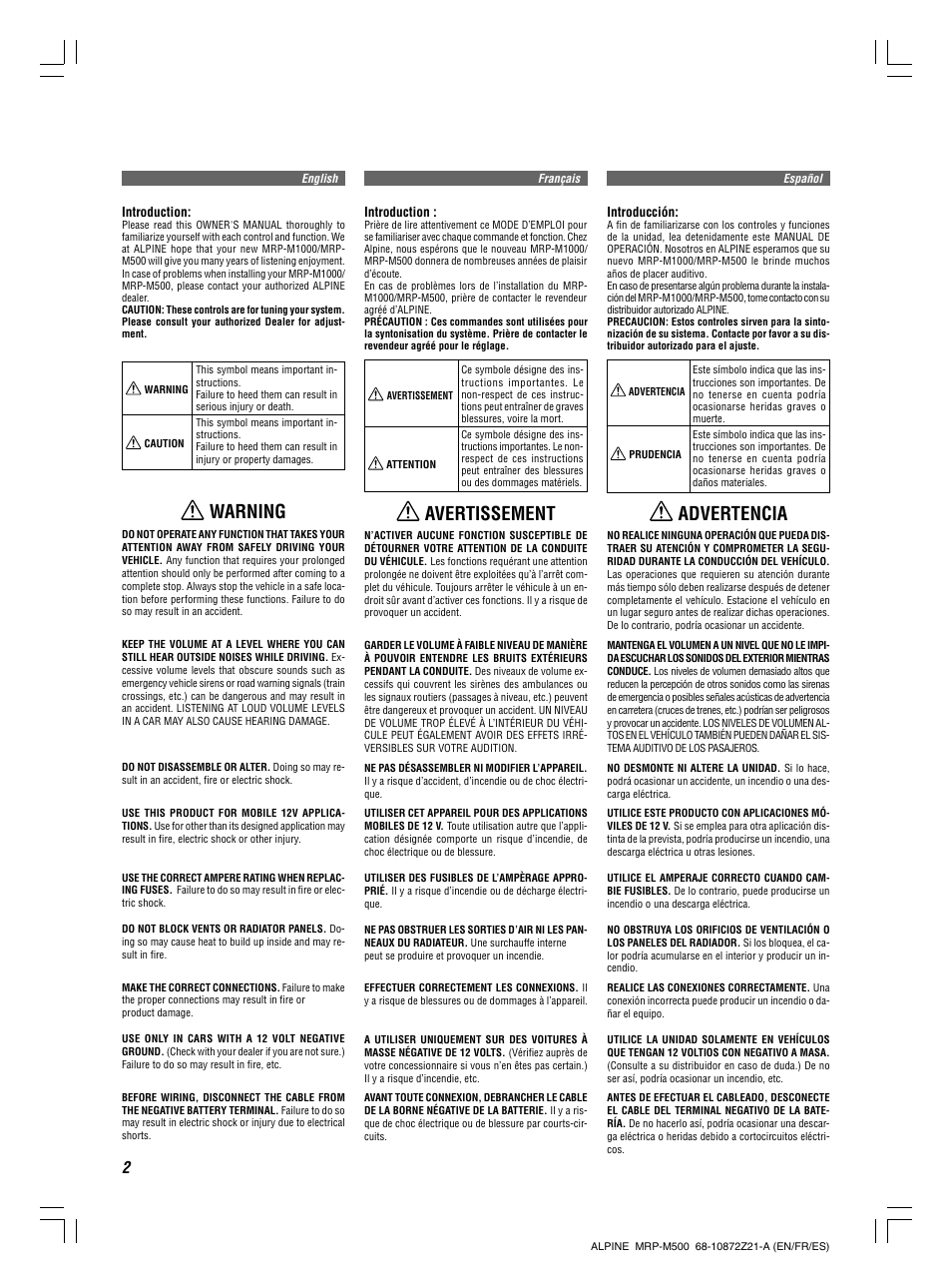 Avertissement, Warning, Advertencia | Alpine V12 AccuClass-D MRD-M500 User Manual | Page 2 / 16