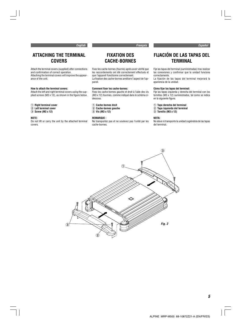 Fixation des cache-bornes, Attaching the terminal covers, Fijación de las tapas del terminal | Alpine V12 AccuClass-D MRD-M500 User Manual | Page 5 / 16