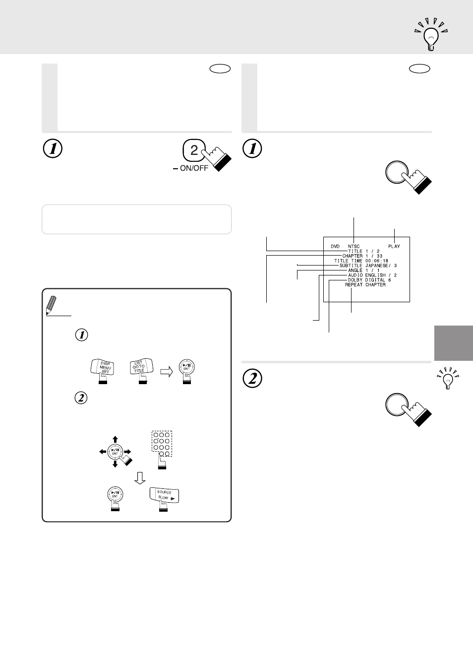 Displaying the subtitles, Displaying the disc status, During playback, press “disp | Press “disp.” once more to turn the display off, Tips, The playback status is displayed, Tuner disp. tuner disp | Alpine DVA-5205 User Manual | Page 21 / 72