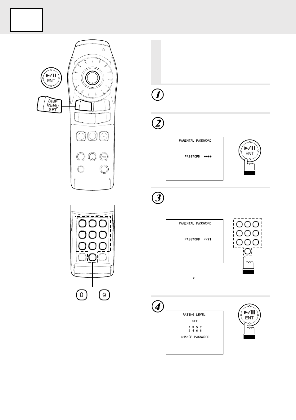 Set up, Setting the rating level (parental lock), Use keys “0” to “9” to input the 4- digit password | 09 press “ent | Alpine DVA-5205 User Manual | Page 28 / 72