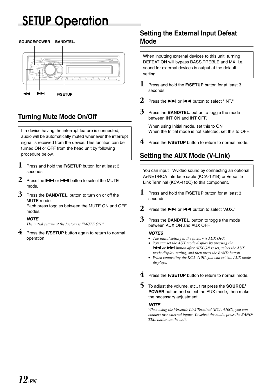 Setup operation, Setting the external input defeat mode, Setting the aux mode (v-link) | Turning mute mode on/off | Alpine cda-9805 User Manual | Page 14 / 41