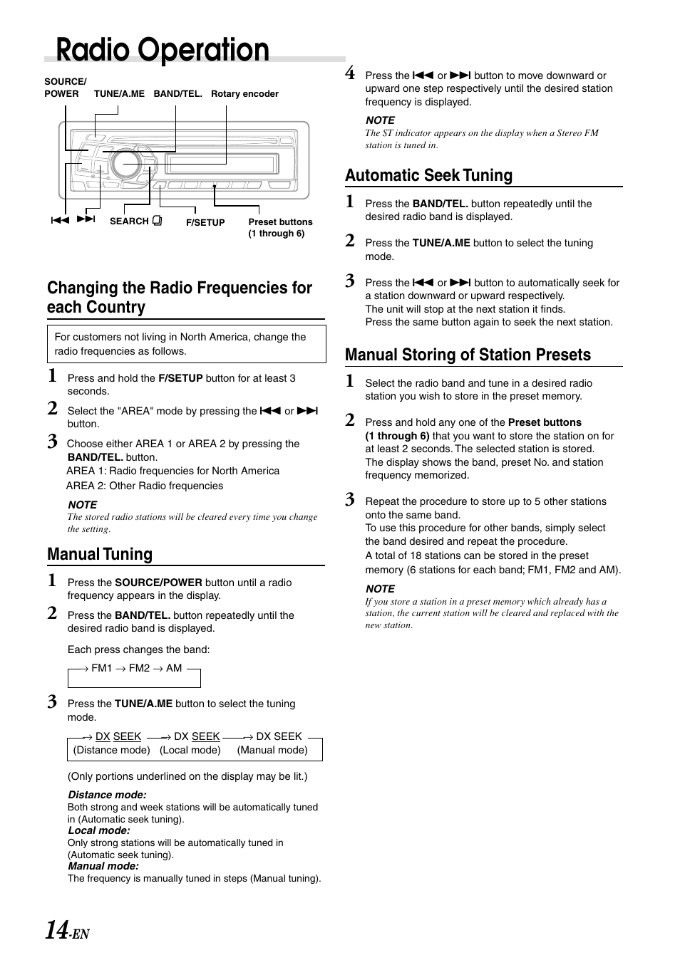 Radio operation, Changing the radio frequencies for each country, Manual tuning | Automatic seek tuning, Manual storing of station presets | Alpine cda-9805 User Manual | Page 16 / 41