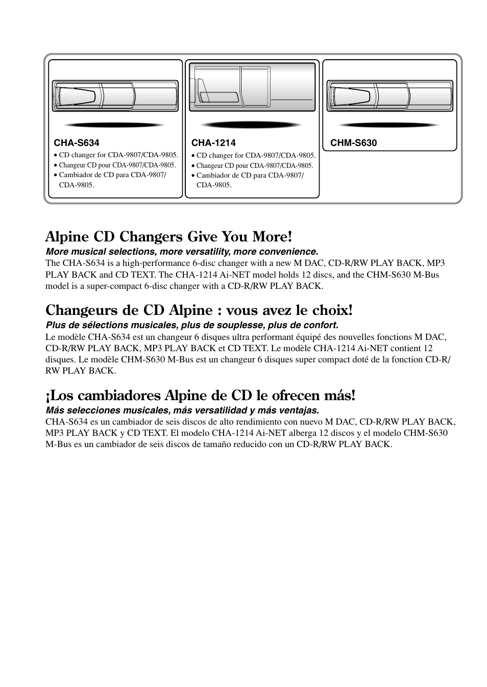 Alpine cd changers give you more, Changeurs de cd alpine : vous avez le choix, Los cambiadores alpine de cd le ofrecen más | Alpine cda-9805 User Manual | Page 2 / 41