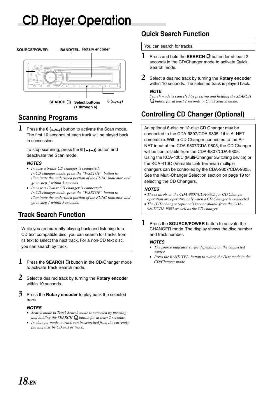 Cd player operation, Scanning programs, Track search function | Quick search function, Controlling cd changer (optional) | Alpine cda-9805 User Manual | Page 20 / 41