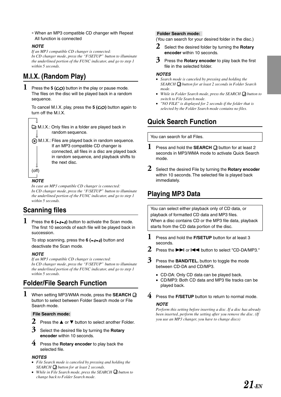 Quick search function, Playing mp3 data, M.i.x. (random play) | Scanning files, Folder/file search function | Alpine cda-9805 User Manual | Page 23 / 41