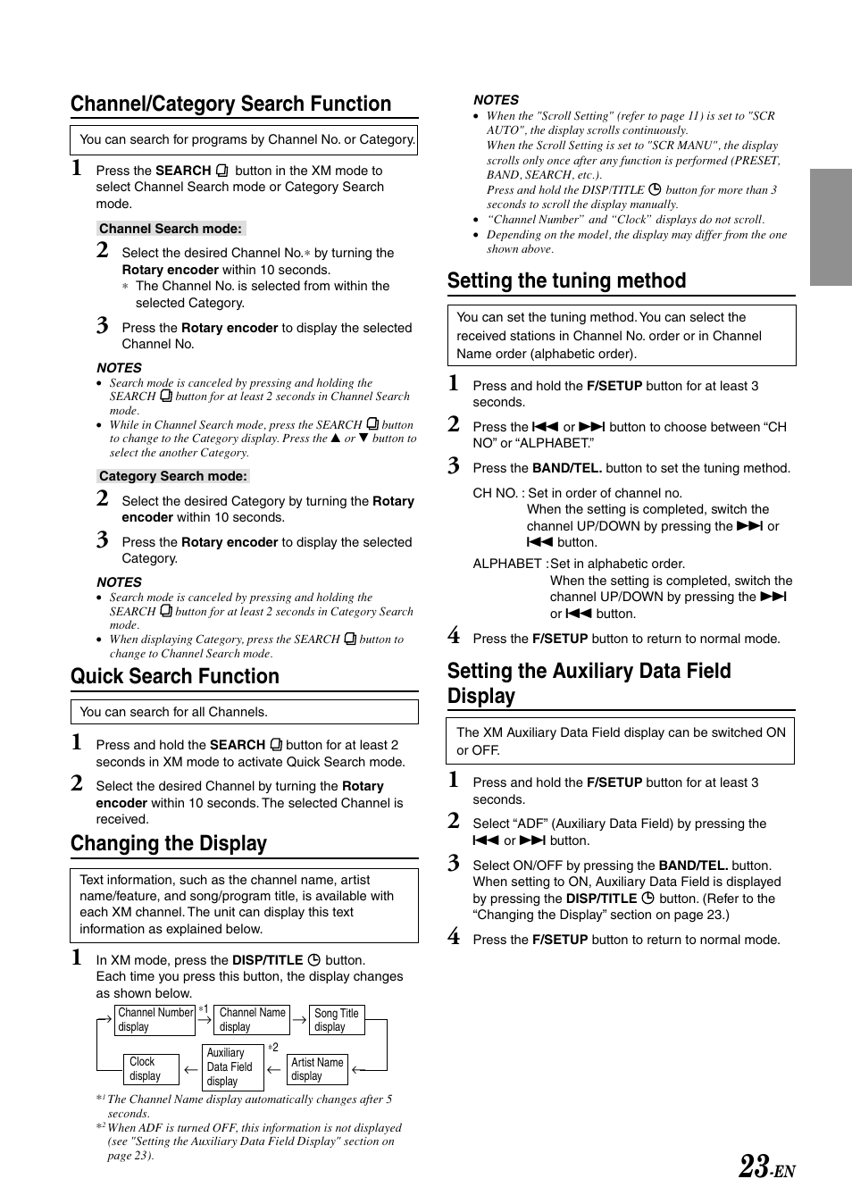 Setting the tuning method, Setting the auxiliary data field display, Channel/category search function | Quick search function, Changing the display | Alpine cda-9805 User Manual | Page 25 / 41