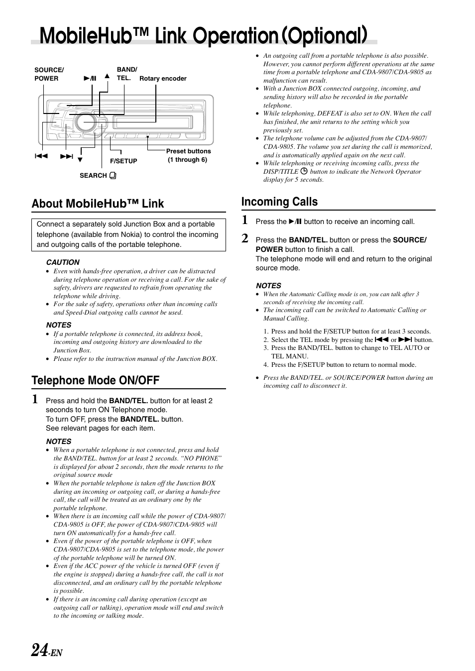 Mobilehub™ link operation(optional), About mobilehub™ link, Telephone mode on/off | Incoming calls | Alpine cda-9805 User Manual | Page 26 / 41