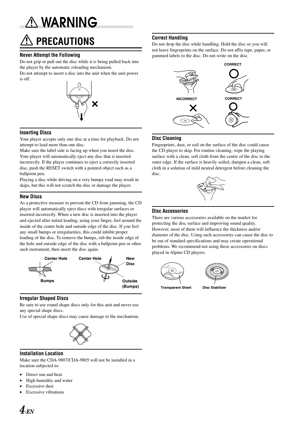 Warning, Precautions | Alpine cda-9805 User Manual | Page 6 / 41