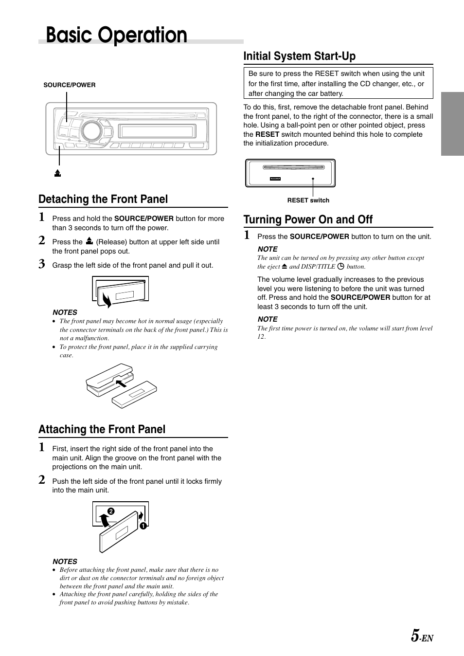 Basic operation, Detaching the front panel, Attaching the front panel | Initial system start-up, Turning power on and off | Alpine cda-9805 User Manual | Page 7 / 41