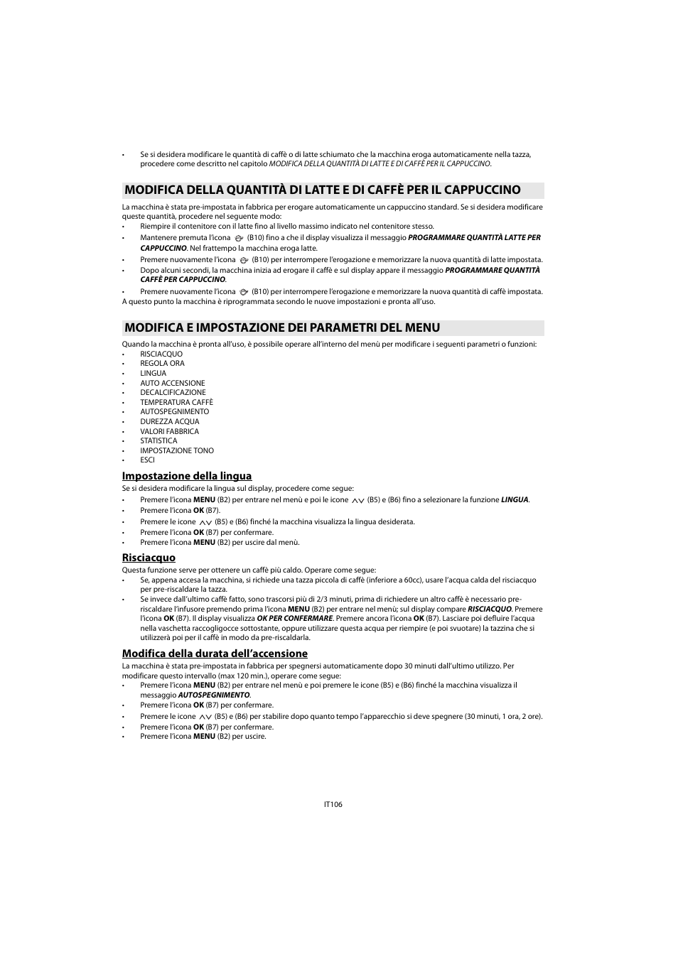 Modifica e impostazione dei parametri del menu, Impostazione della lingua, Risciacquo | Modifica della durata dell’accensione | Whirlpool ACE 102 IXL User Manual | Page 108 / 298