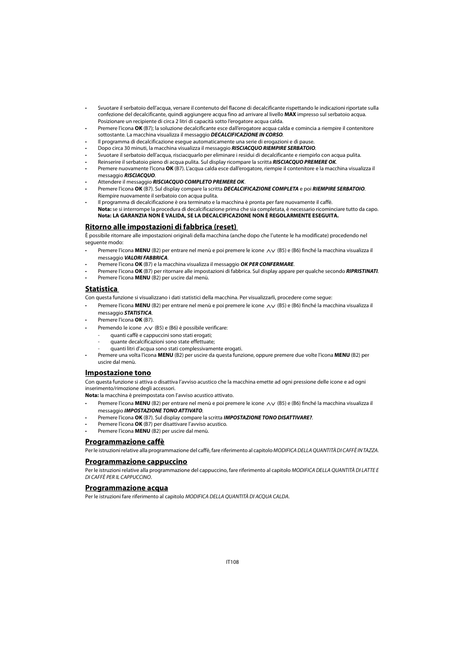 Ritorno alle impostazioni di fabbrica (reset), Statistica, Impostazione tono | Programmazione caffè, Programmazione cappuccino, Programmazione acqua | Whirlpool ACE 102 IXL User Manual | Page 110 / 298
