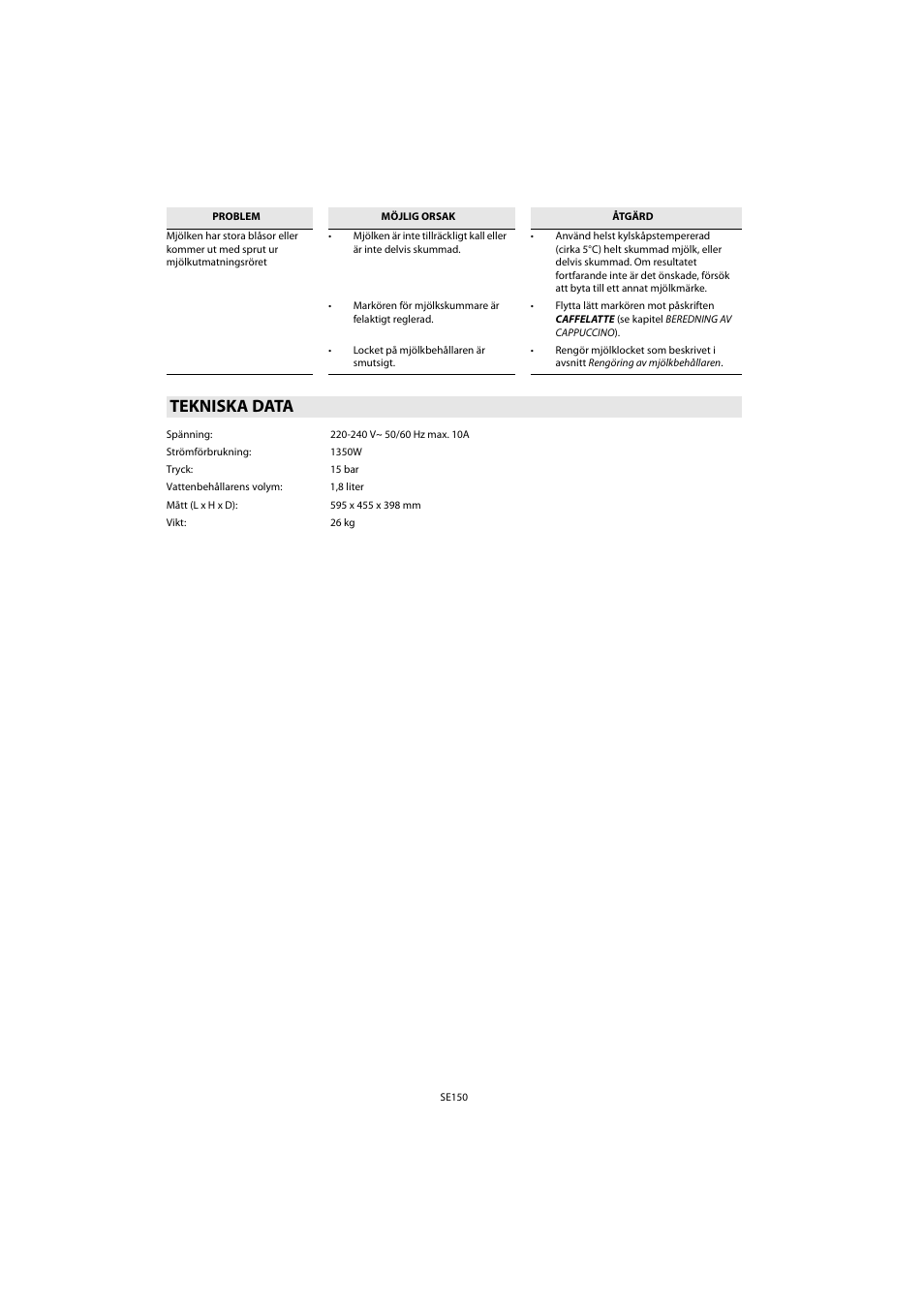 Tekniska data | Whirlpool ACE 102 IXL User Manual | Page 152 / 298