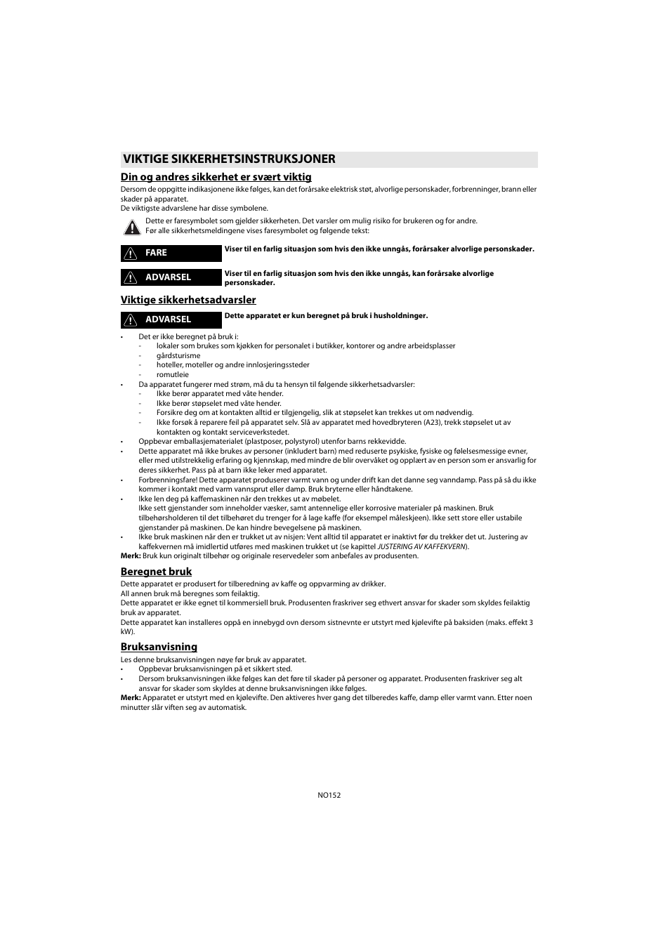 Viktige sikkerhetsinstruksjoner, Din og andres sikkerhet er svært viktig, Viktige sikkerhetsadvarsler | Beregnet bruk, Bruksanvisning | Whirlpool ACE 102 IXL User Manual | Page 154 / 298