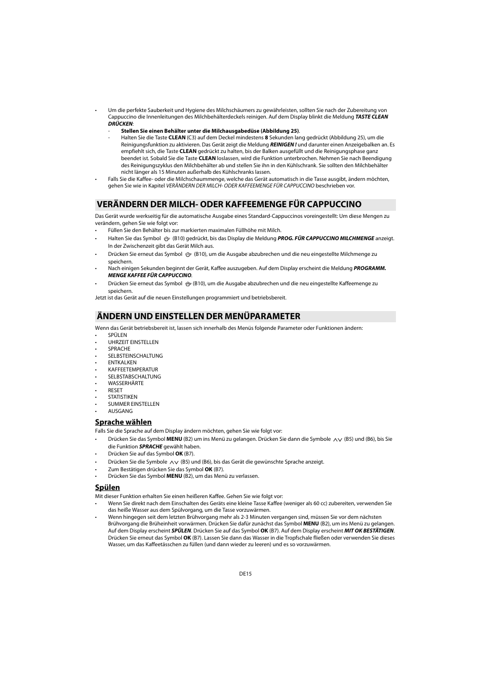 Ändern und einstellen der menüparameter, Sprache wählen, Spülen | Sprache wählen spülen, Ändern und einstellen der menüparameter , f, Spülen b | Whirlpool ACE 102 IXL User Manual | Page 17 / 298