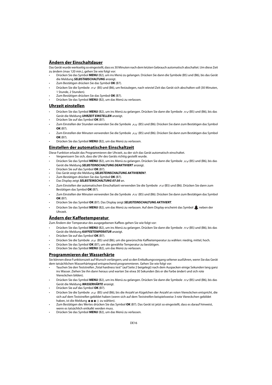 Ändern der einschaltdauer, Uhrzeit einstellen, Einstellen der automatischen einschaltzeit | Ändern der kaffeetemperatur, Programmieren der wasserhärte | Whirlpool ACE 102 IXL User Manual | Page 18 / 298