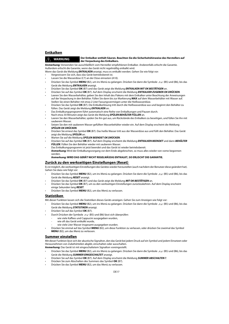 Entkalken, Zurück zu den werkseitigen einstellungen (reset), Statistiken | Summer einstellen | Whirlpool ACE 102 IXL User Manual | Page 19 / 298