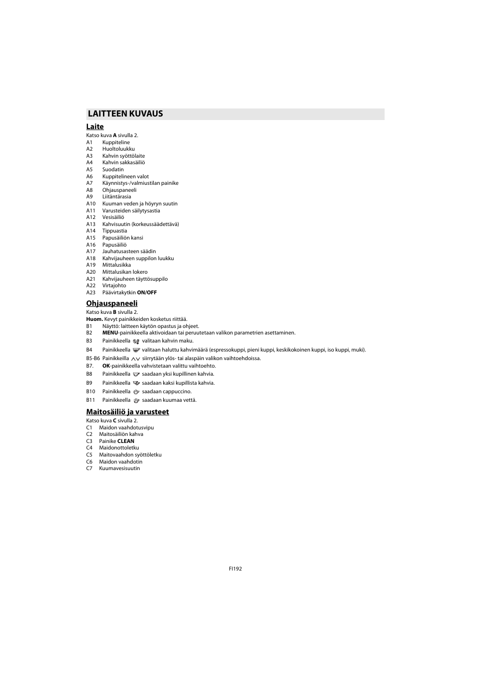 Laitteen kuvaus, Laite, Ohjauspaneeli | Maitosäiliö ja varusteet, Laite ohjauspaneeli maitosäiliö ja varusteet | Whirlpool ACE 102 IXL User Manual | Page 194 / 298