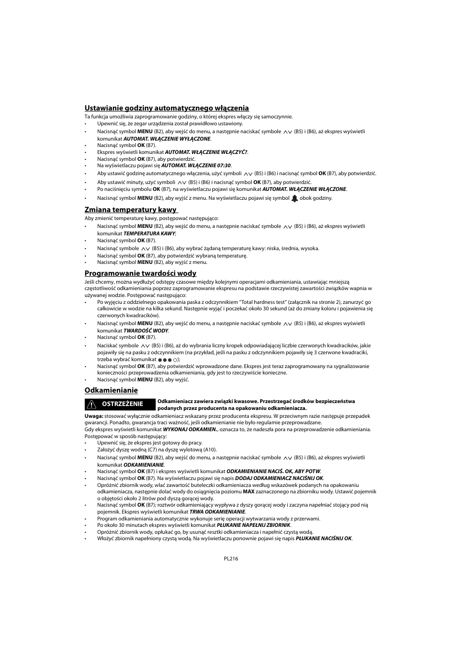 Ustawianie godziny automatycznego włączenia, Zmiana temperatury kawy, Programowanie twardości wody | Odkamienianie | Whirlpool ACE 102 IXL User Manual | Page 218 / 298