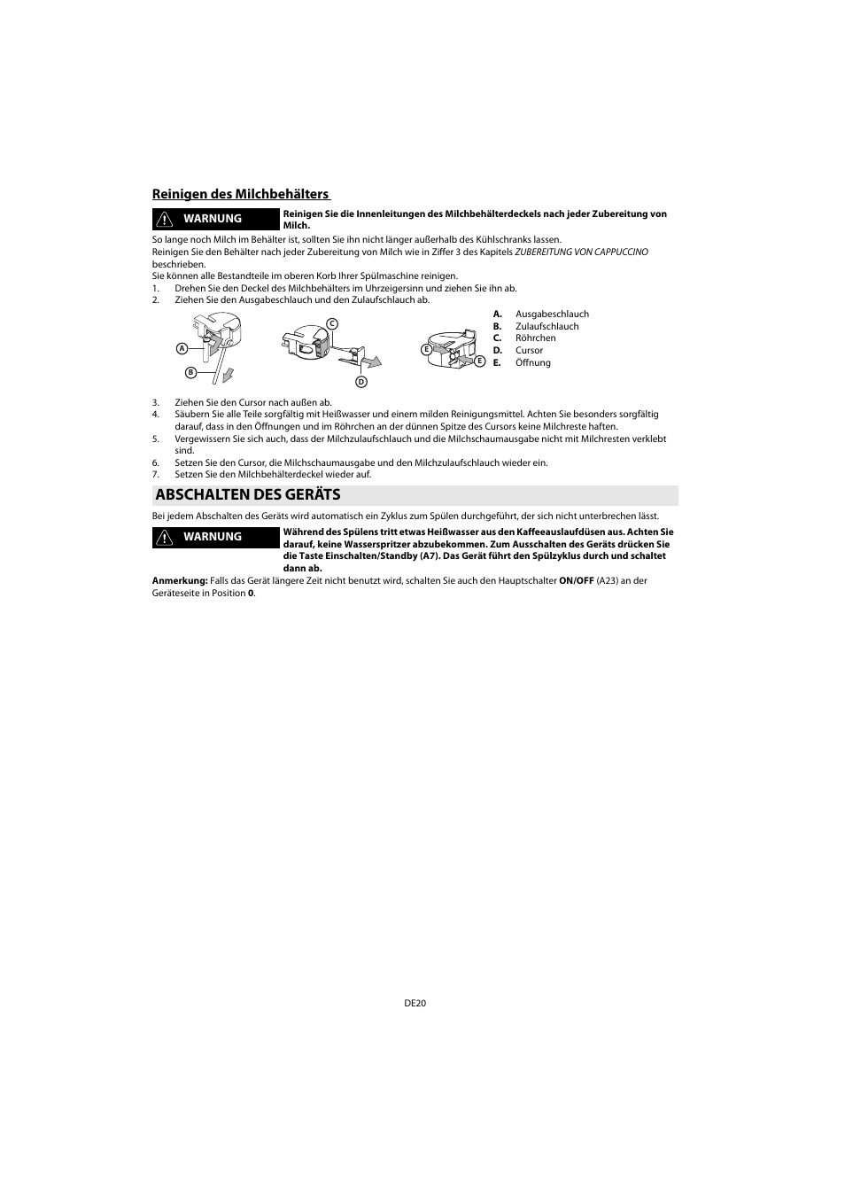 Reinigen des milchbehälters, Abschalten des geräts | Whirlpool ACE 102 IXL User Manual | Page 22 / 298