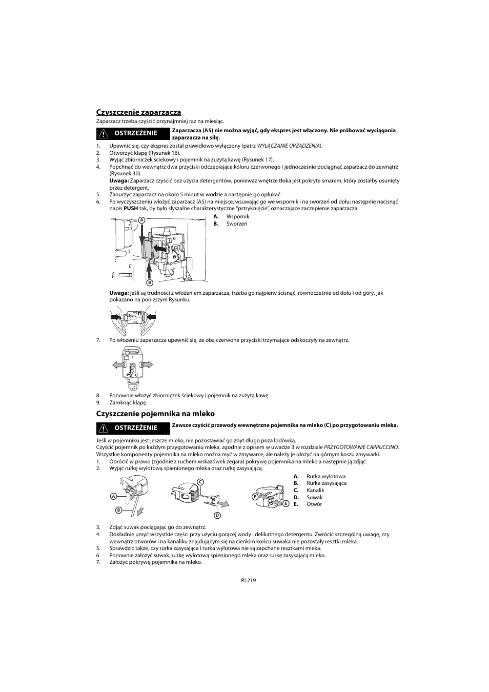 Czyszczenie zaparzacza, Czyszczenie pojemnika na mleko | Whirlpool ACE 102 IXL User Manual | Page 221 / 298