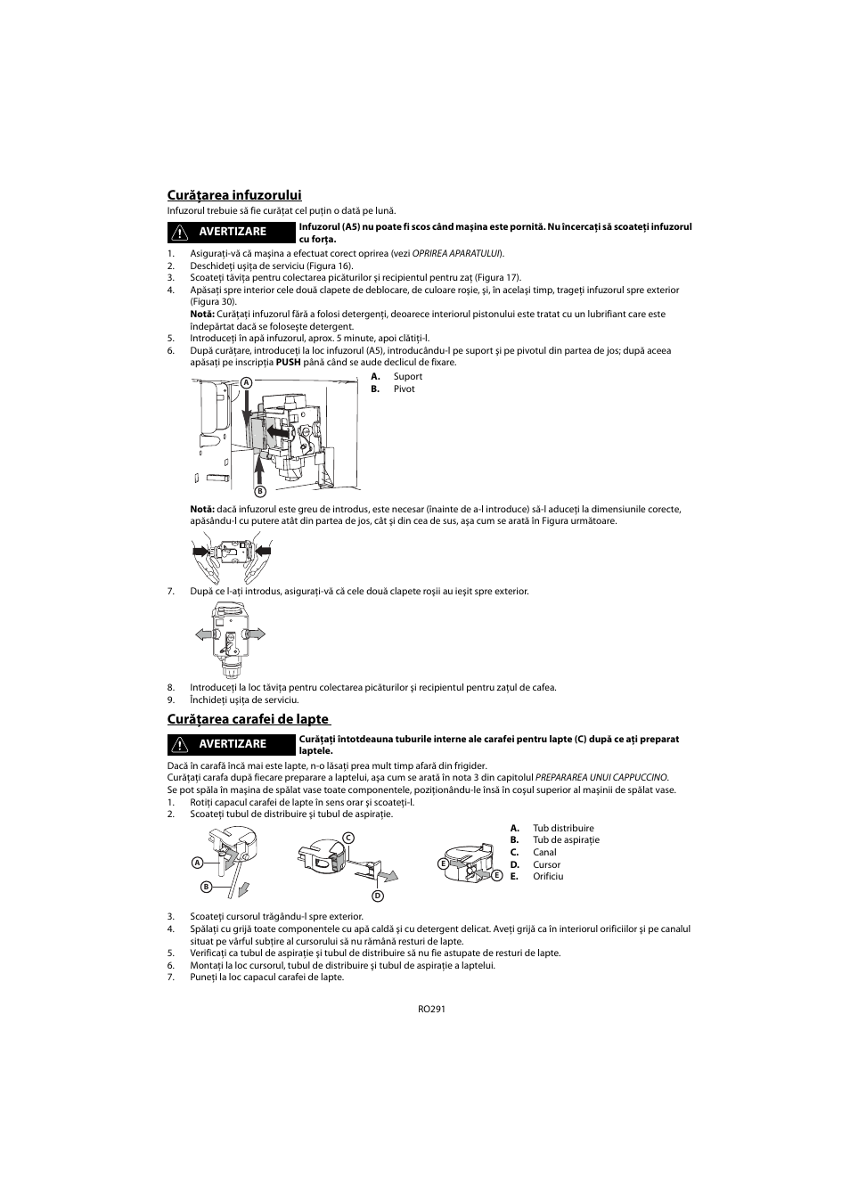 Curăţarea infuzorului, Curăţarea carafei de lapte, Curăţarea infuzorului curăţarea carafei de lapte | Whirlpool ACE 102 IXL User Manual | Page 293 / 298