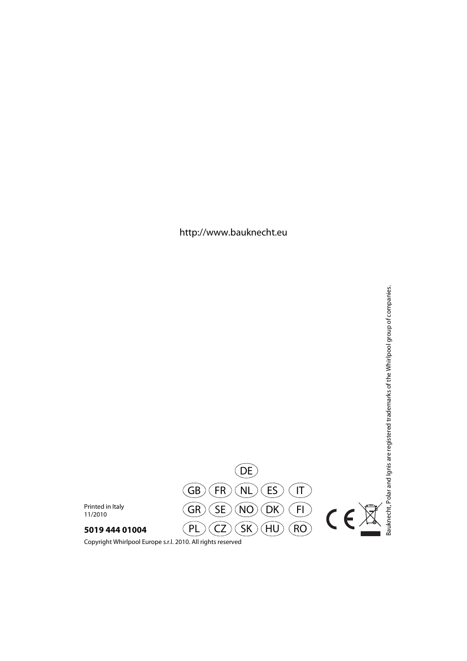 Se no gr dk cz sk pl hu fr nl gb es fi ro it de | Whirlpool ACE 102 IXL User Manual | Page 298 / 298