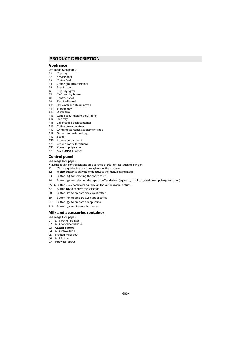 Product description, Appliance, Control panel | Milk and accessories container | Whirlpool ACE 102 IXL User Manual | Page 31 / 298