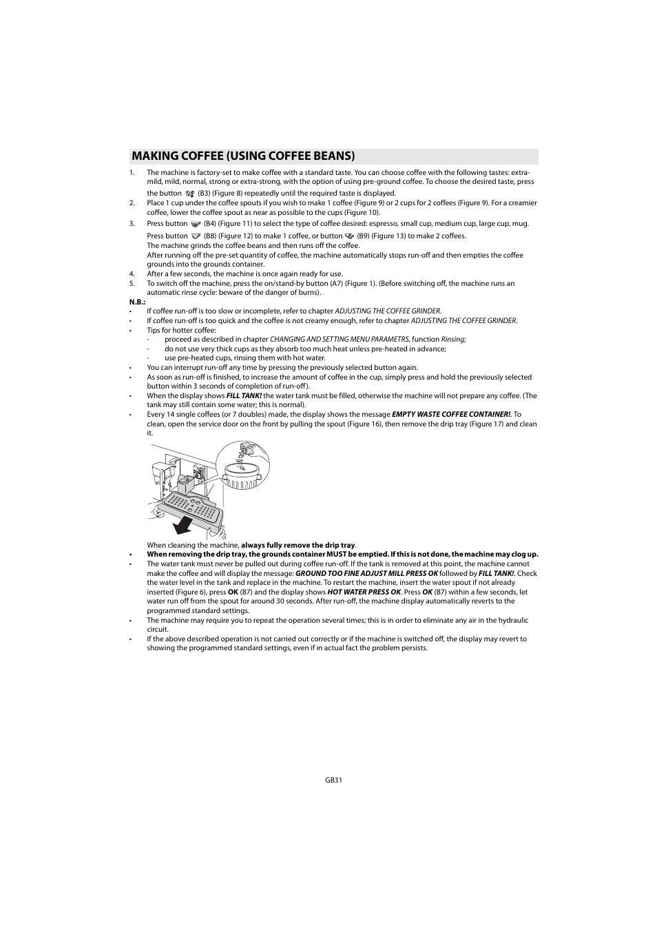 Making coffee (using coffee beans) | Whirlpool ACE 102 IXL User Manual | Page 33 / 298